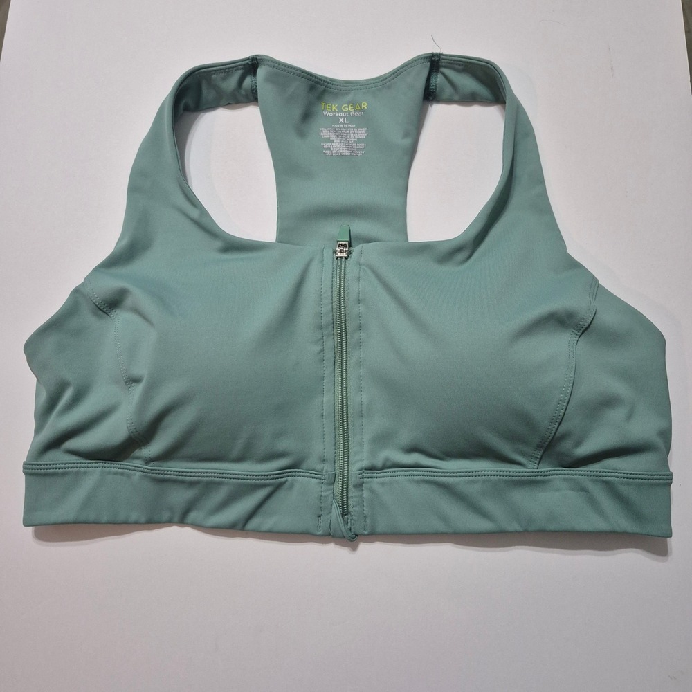 Tek Gear Sports Bra Women XL Green Zip Front Racerback High Impact